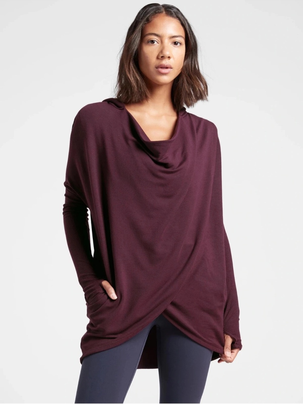 Athleta Off-the-Shoulder Draped Sweater in Deep Plum Sz xxs